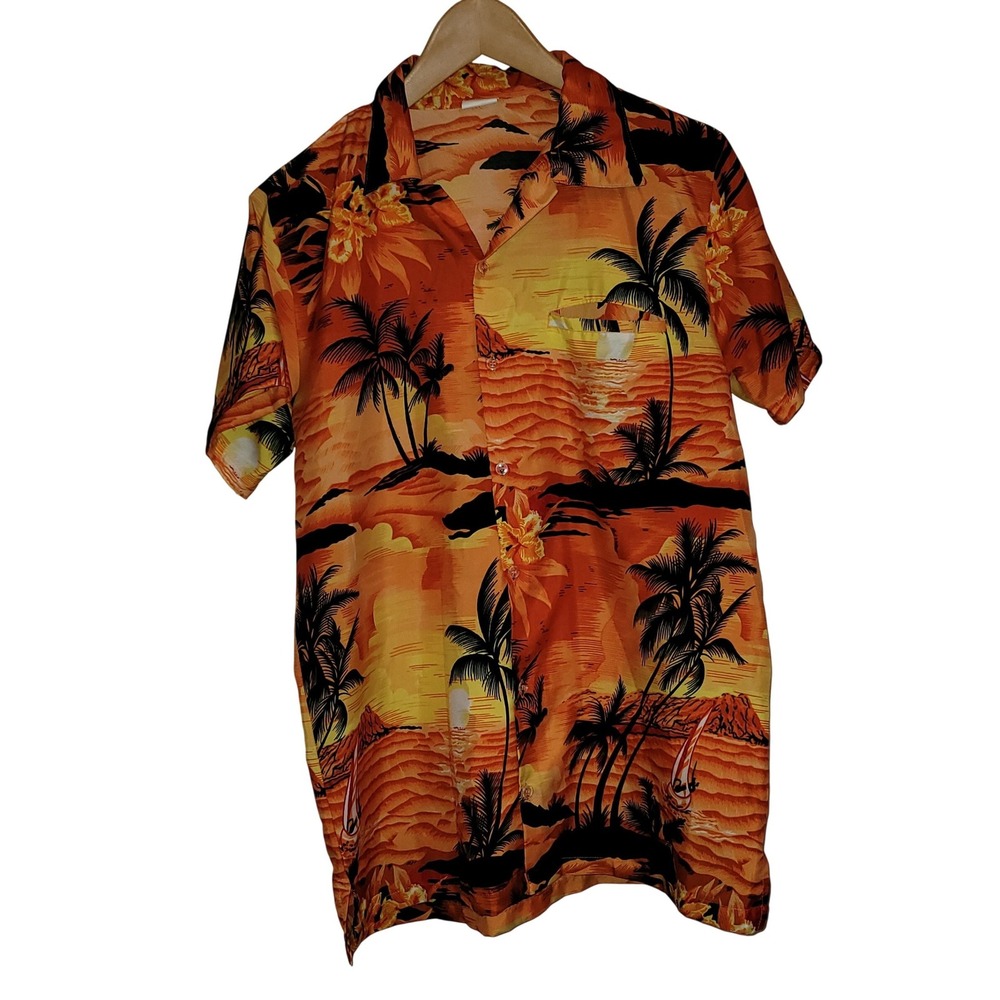 King Kameha Hawaiian Shirt M Orange Palm Tree Sunset 100%‎ Terivoile